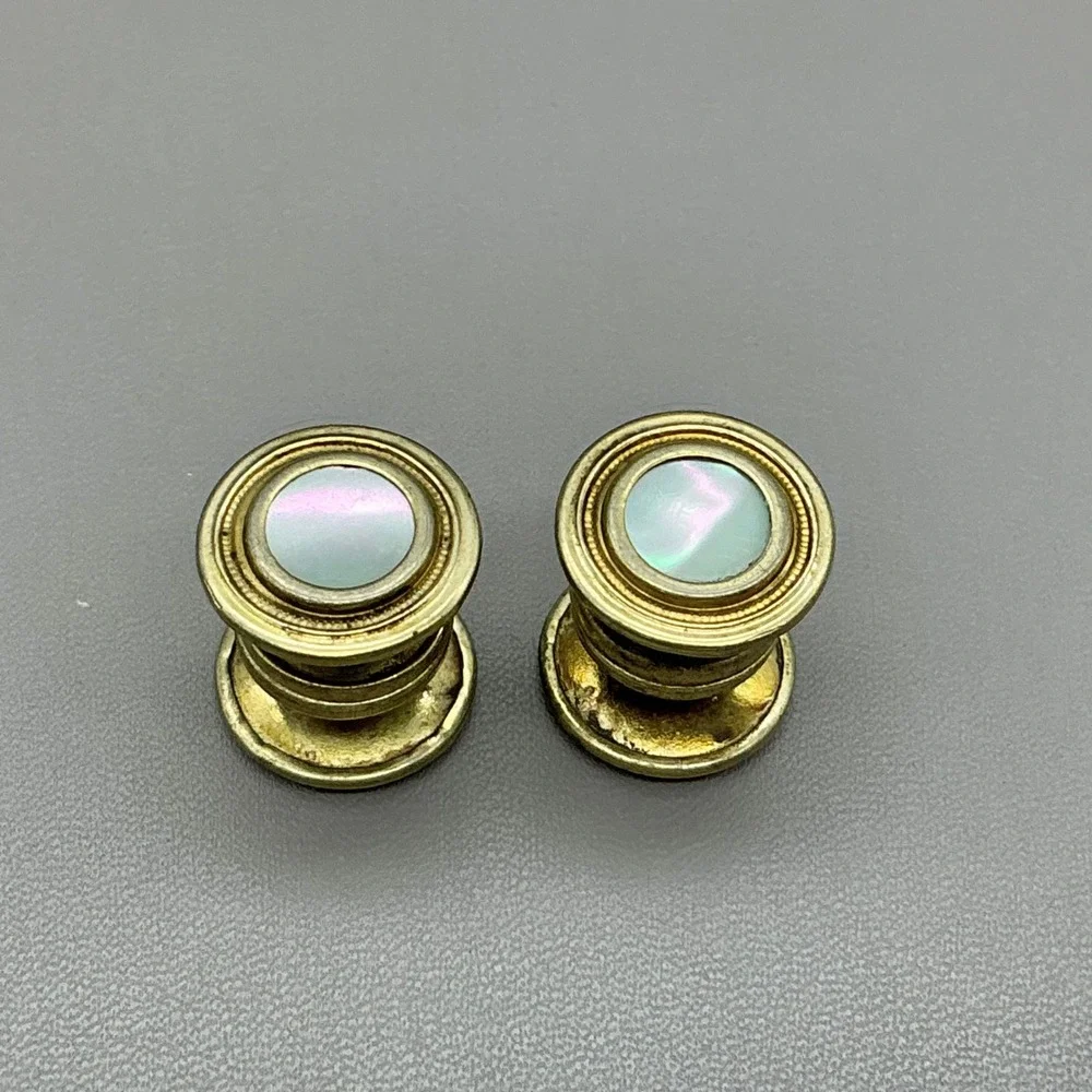 Vintage Cobslink Mother of Pearl Gold Tone Snap Cufflinks Round Bezel Pair